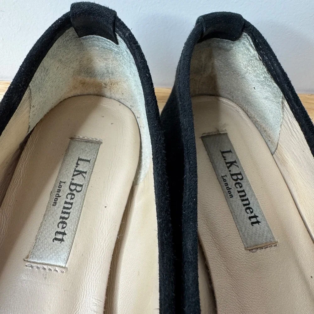 L.K. Bennett Flats Women's 38 7.5 Black Cap Toe Ballet Suede Comfort Designer